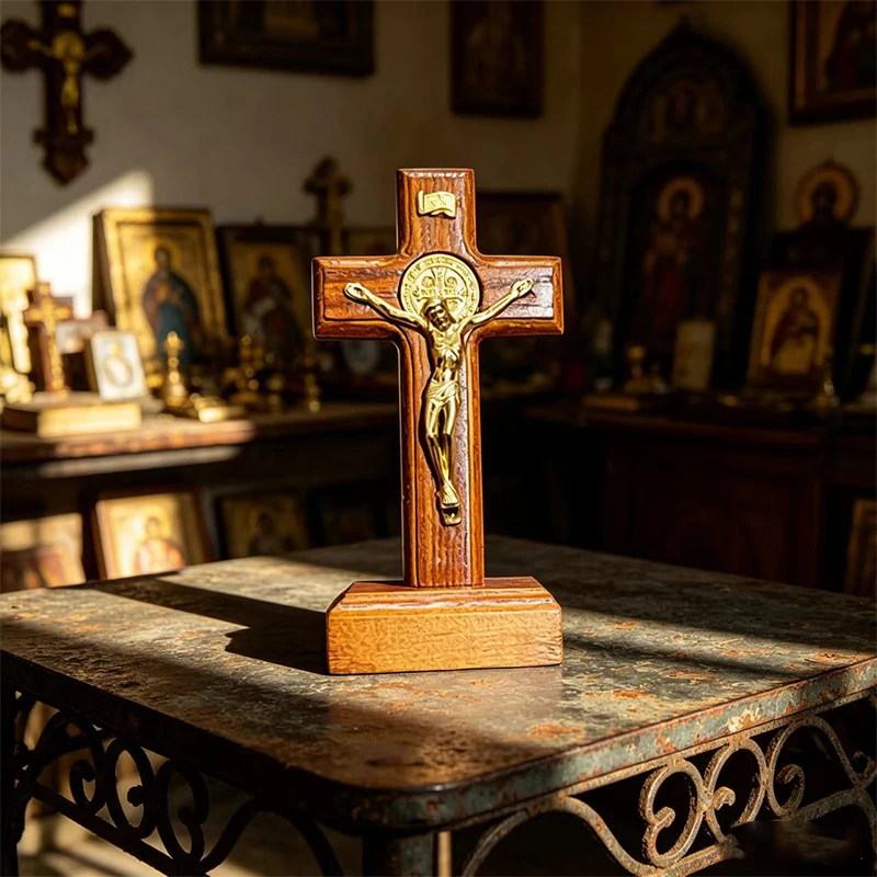 11cm Wooden Standing Cross Crucifix with Saint Benedict Medal for Catholic Home Altar Prayer Christian Religious Decor
11cm Wooden Standing Cross Crucifix with Saint Benedict Medal for Catholic Home Altar Prayer Christian Religious Decor