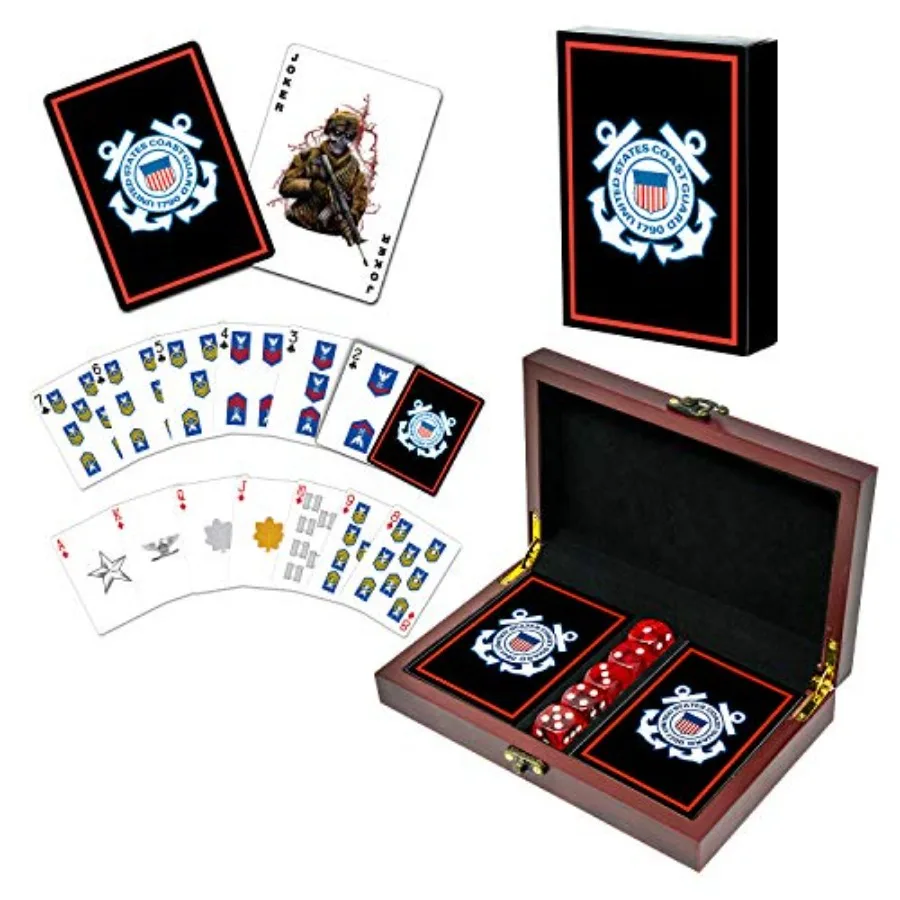 Playing Cards with Dice Wooden Keepsake Box Adorned with Metal Medallion.- Coast Guard Card Set
Playing Cards with Dice Wooden Keepsake Box Adorned with Metal Medallion.- Coast Guard Card Set