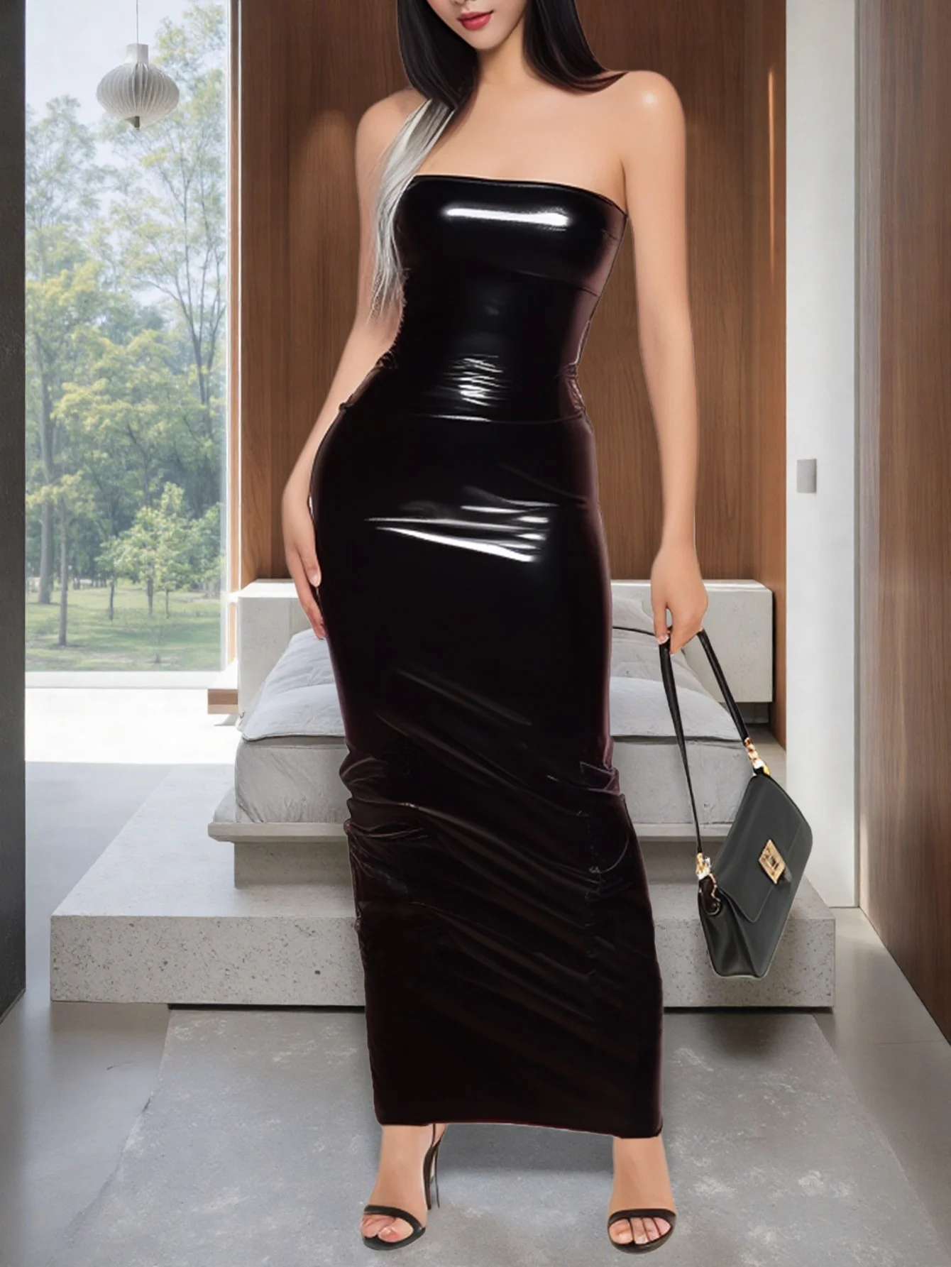 Elegant strapless dress for women, faux leather slim fit long skirt with back zipper bodycon PU dress party
Elegant strapless dress for women, faux leather slim fit long skirt with back zipper bodycon PU dress party