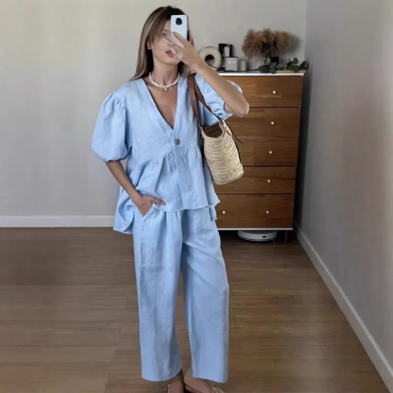 Women Elegant Solid Cotton 2 Piece Set Sexy V-neck Puff Short Sleeve Ruffles Shirts Tops + Wide Leg Pants Casual Holiday Suits
Women Elegant Solid Cotton 2 Piece Set Sexy V-neck Puff Short Sleeve Ruffles Shirts Tops + Wide Leg Pants Casual Holiday Suits