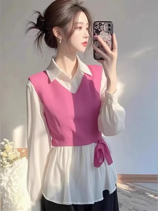 Розовая женская модная блузка с длинным рукавом, имитация двухслойности, для весеннего сезона, омолаживающий эффект, красивый топ
Розовая женская модная блузка с длинным рукавом, имитация двухслойности, для весеннего сезона, омолаживающий эффект, красивый топ