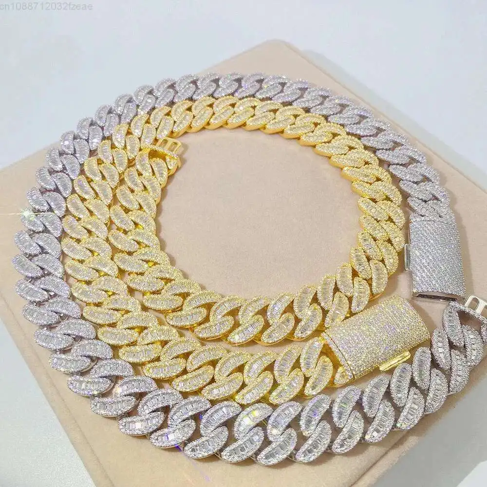 Thick 18MM s925 Sterling silver full bling VVS baguette moissanite open buckle iced out gold diamond Miami cuban chains 
Thick 18MM s925 Sterling silver full bling VVS baguette moissanite open buckle iced out gold diamond Miami cuban chains