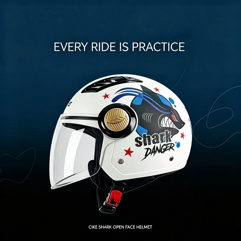 QIKE Matte White Shark Print 3/4 Helmet with Long Clear Safety Visor DOT Approved Motorcycle Scooter Cute Sports Cartoon Design
QIKE Matte White Shark Print 3/4 Helmet with Long Clear Safety Visor DOT Approved Motorcycle Scooter Cute Sports Cartoon Design