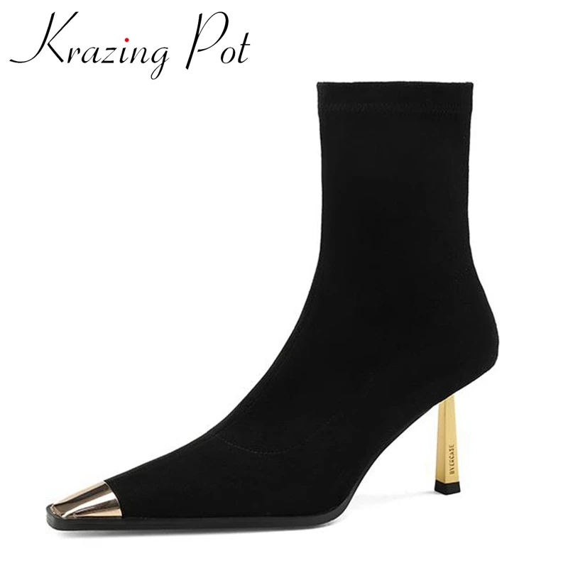 Krazing Pot Square Toe Thin High Heels Stretch Boots Leisure Splicing Metal Decorations Grace Big Size Zipper Thigh High Boots
Krazing Pot Square Toe Thin High Heels Stretch Boots Leisure Splicing Metal Decorations Grace Big Size Zipper Thigh High Boots