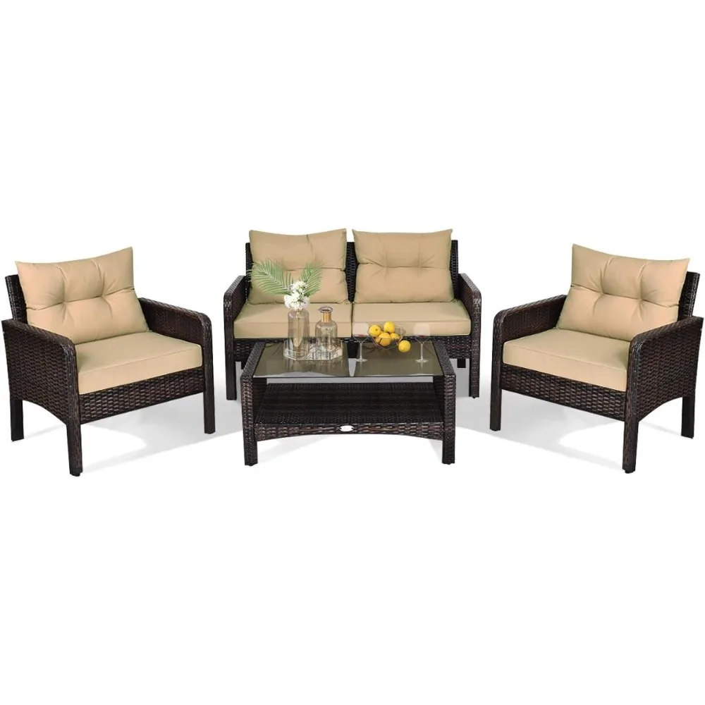4-Piece Patio Furniture Outdoor Rattan Wicker Sofa Set with Cushions & Coffee Table with Tempered Glass Table Top and Storage S
4-Piece Patio Furniture Outdoor Rattan Wicker Sofa Set with Cushions & Coffee Table with Tempered Glass Table Top and Storage S