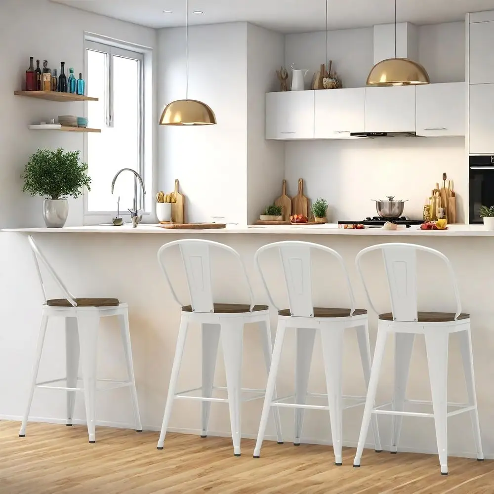 Set of 4 White Swivel Counter Height Bar Stools with Wooden Seats and Metal Industrial Style High Backs
Set of 4 White Swivel Counter Height Bar Stools with Wooden Seats and Metal Industrial Style High Backs