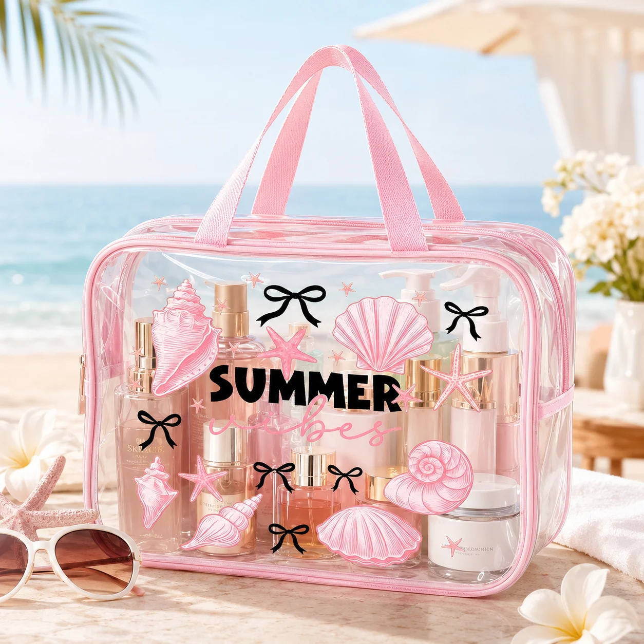 Summer Vibes Clear PVC Beach Tote Bag, Shell Starfish Print Waterproof Travel Cosmetic Toiletry Organizer for Women
Summer Vibes Clear PVC Beach Tote Bag, Shell Starfish Print Waterproof Travel Cosmetic Toiletry Organizer for Women