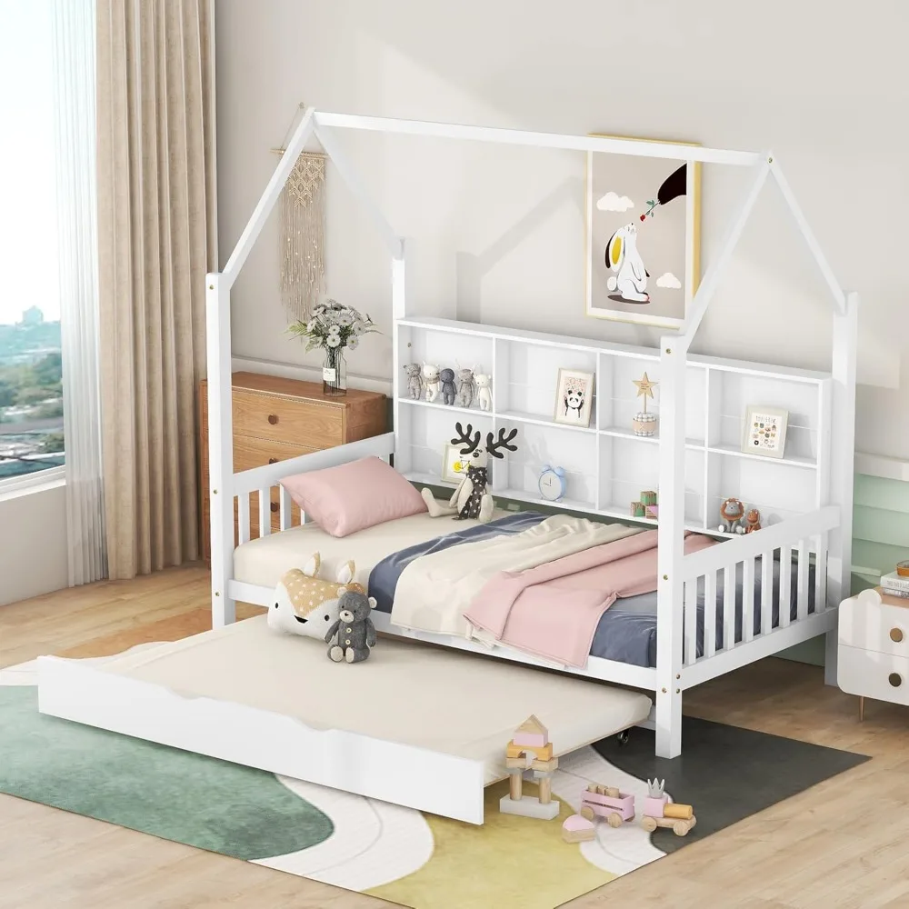 Twin Size House Bed with Trundle, Wood Twins House Bed Frame with Shelf Compartment, Twin Houses Beds for Kids with Roof
Twin Size House Bed with Trundle, Wood Twins House Bed Frame with Shelf Compartment, Twin Houses Beds for Kids with Roof