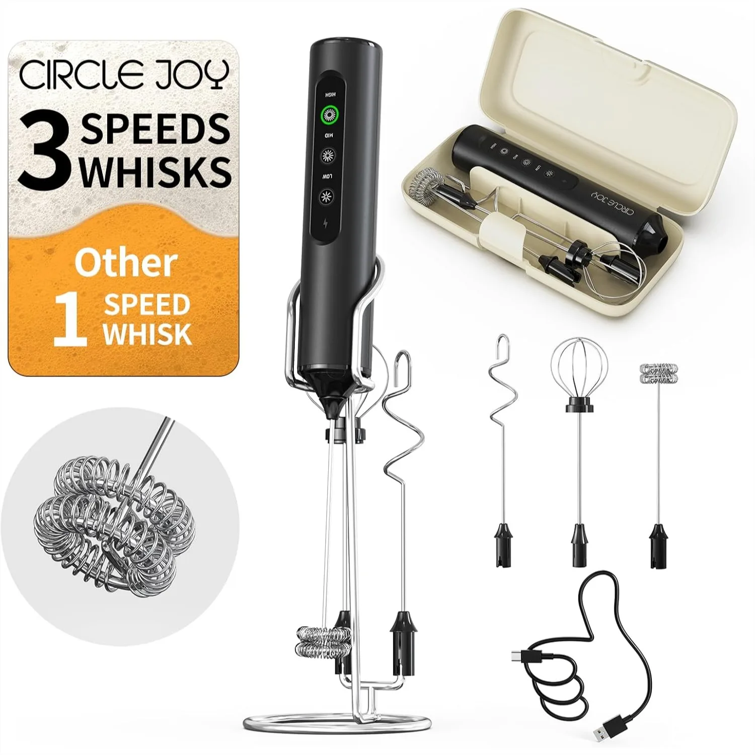 Rechargeable Handheld Milk Frother Wand with Stand, 3 Speeds, 3 Whisks & Storage Box for Latte, Cappuccino, Hot Chocolate
Rechargeable Handheld Milk Frother Wand with Stand, 3 Speeds, 3 Whisks & Storage Box for Latte, Cappuccino, Hot Chocolate