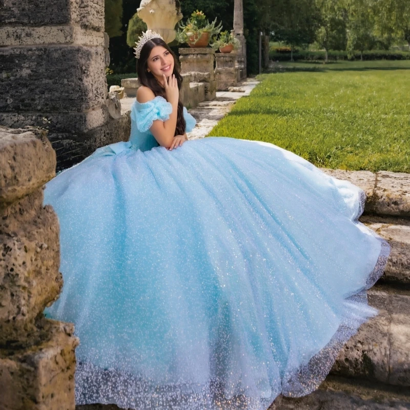 Sky Blue Shiny Ball Gown Quinceanera Dresses Sequin Beading Crystal Bow Tull Corset Off The Shoulder Sweet 16 Dress vestidos 15
Sky Blue Shiny Ball Gown Quinceanera Dresses Sequin Beading Crystal Bow Tull Corset Off The Shoulder Sweet 16 Dress vestidos 15