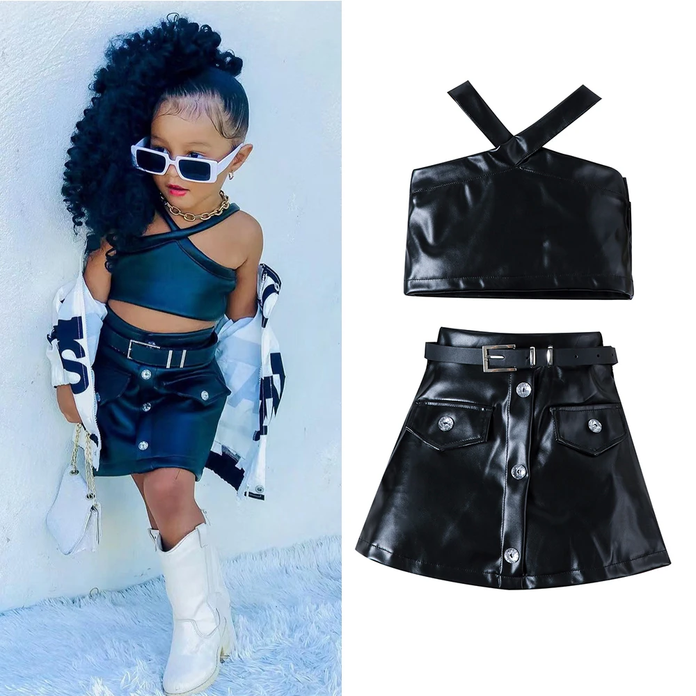 Summer Children Girl Clothes Street Fashion PU Leather Halter Short Vest+Skirt with Belt 3pcs Suit Kids Girls Set For 1-6 Years
Summer Children Girl Clothes Street Fashion PU Leather Halter Short Vest+Skirt with Belt 3pcs Suit Kids Girls Set For 1-6 Years