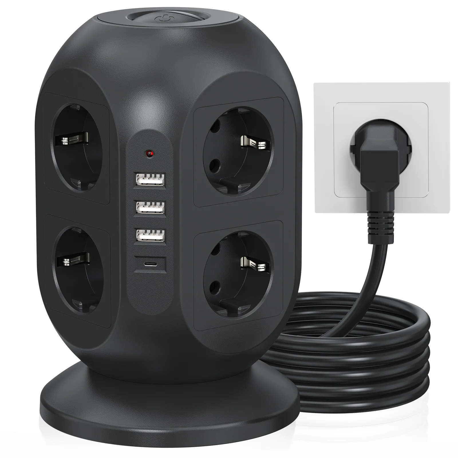 Versatile Power Distribution Solutions: Socket Towers with USB Charging, Multi-Outlet Strips with Switch Control and 2m Cable.