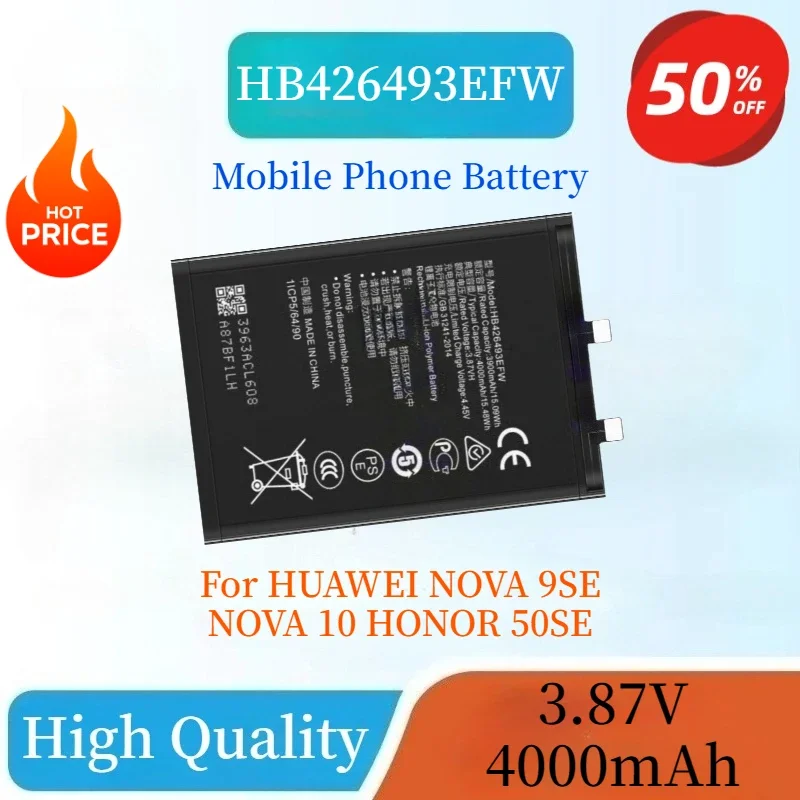 New Battery 3.87V 4000mAh HB426493EFW Phone Battery for HUAWEI NOVA 9SE/10 HONOR 50SE High Quality Battery
New Battery 3.87V 4000mAh HB426493EFW Phone Battery for HUAWEI NOVA 9SE/10 HONOR 50SE High Quality Battery
