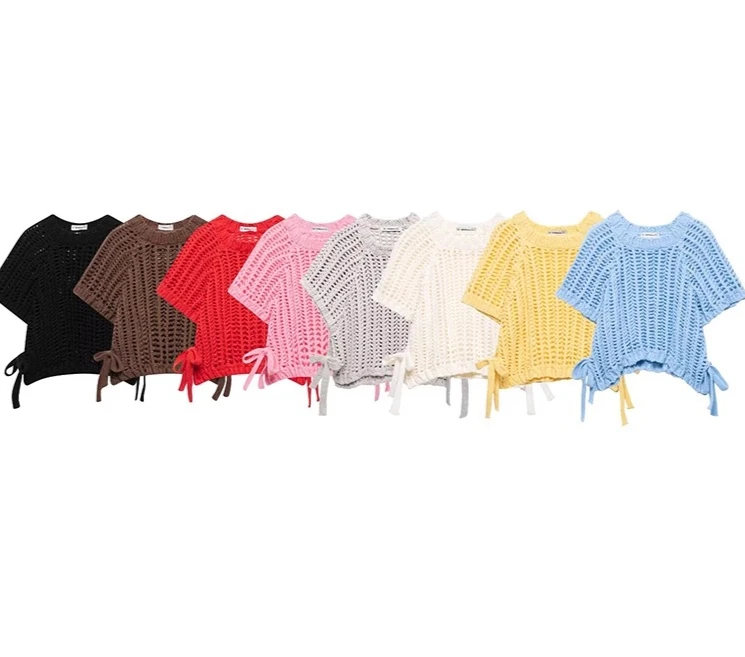 Topenomi Hollow Out Knitted Pullover Women Simple Solid Round Neck Side Lace Up Crop Top Fashion Versatile Short Sleeve Sweater
Topenomi Hollow Out Knitted Pullover Women Simple Solid Round Neck Side Lace Up Crop Top Fashion Versatile Short Sleeve Sweater