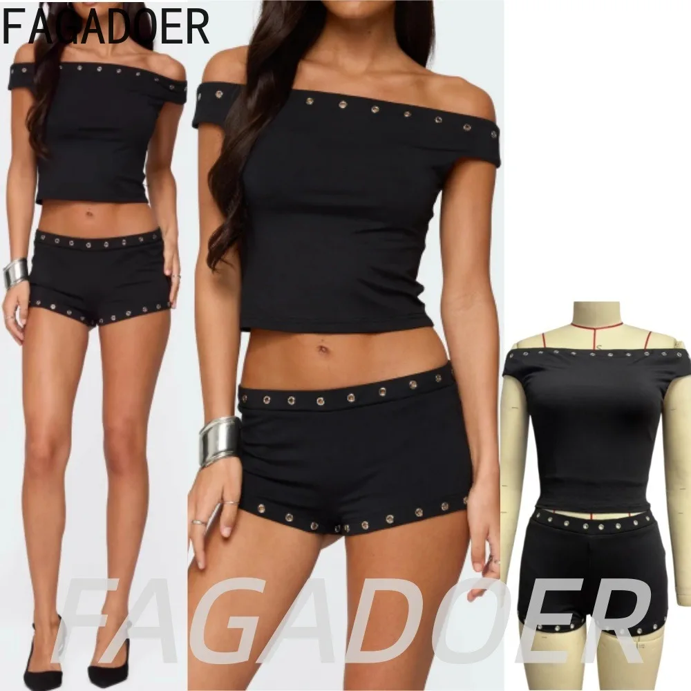 FAGADOER Y2K Punk Black Bodycon Shorts Two Piece Sets Hot Girl Off-the-shoulder Cropped Top and Silver Eyelets Shorts Outfits
FAGADOER Y2K Punk Black Bodycon Shorts Two Piece Sets Hot Girl Off-the-shoulder Cropped Top and Silver Eyelets Shorts Outfits