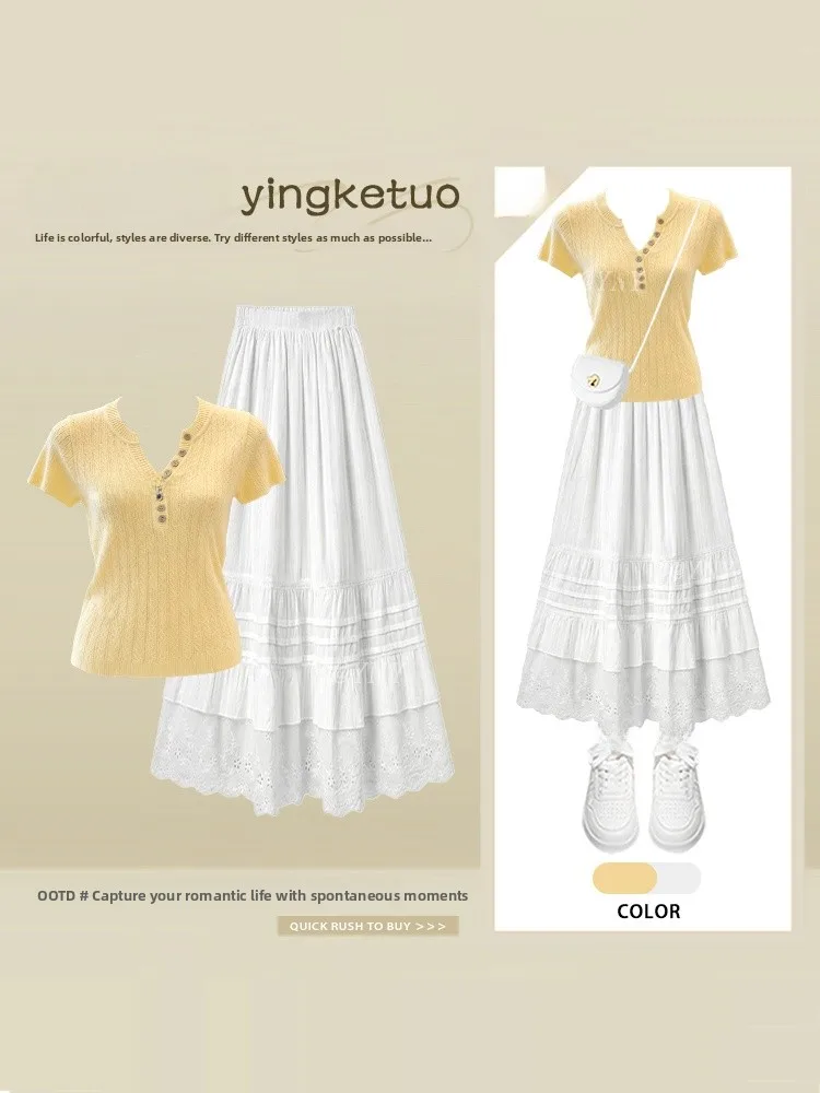 Dopamine Anti-Aging Yellow Slim Fit Short Sleeve Women's Lace Patchwork Half Skirt Summer Two-Piece Set High Waist Summer Fas...
Dopamine Anti-Aging Yellow Slim Fit Short Sleeve Women's Lace Patchwork Half Skirt Summer Two-Piece Set High Waist Summer Fas...