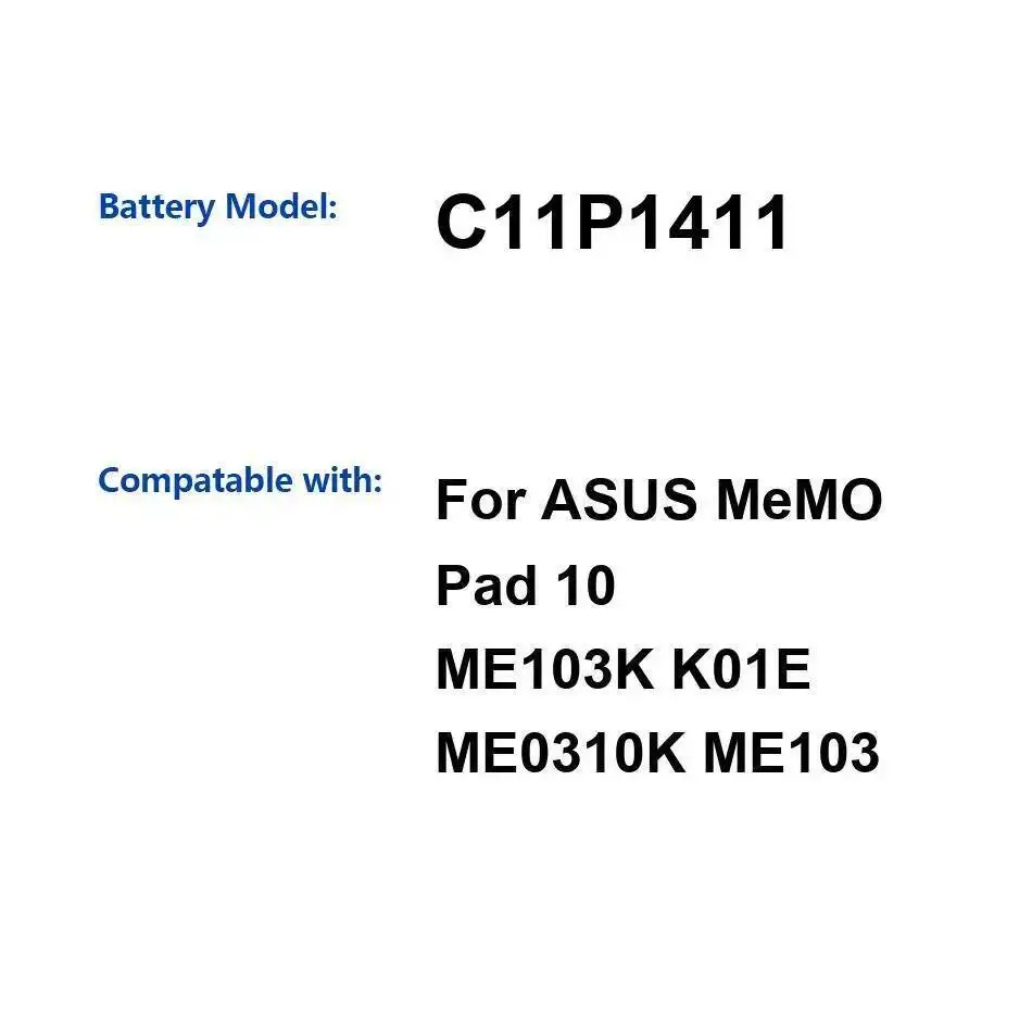 Для Asus Memo Pad 10 ME103K K01E ME0310K ME103 C11P1411 Аккумулятор для планшета Быстрая зарядка Высокая емкость 4980 мАч
Для Asus Memo Pad 10 ME103K K01E ME0310K ME103 C11P1411 Аккумулятор для планшета Быстрая зарядка Высокая емкость 4980 мАч