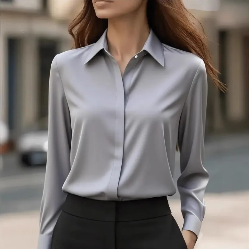 Women Commuting Style Satin Shirt 2025 Autumn New Long Sleeve Lapel Pure Color Basic Simple Shirts & Blouses Office Ladies Tops
Women Commuting Style Satin Shirt 2025 Autumn New Long Sleeve Lapel Pure Color Basic Simple Shirts & Blouses Office Ladies Tops