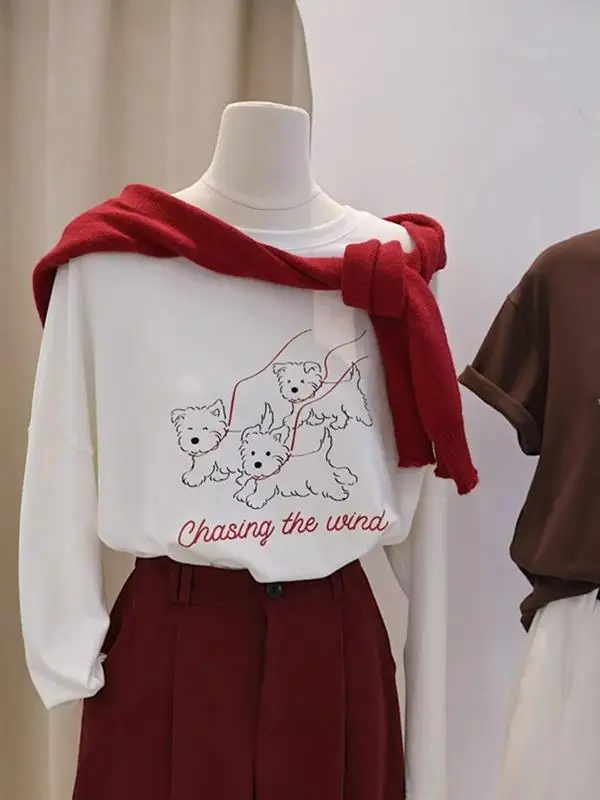 Anti-Aging Japanese Cartoon Dog Print Fleece Cotton Long Sleeve Women's T-Shirt Loose Slimming Winter Fashion Top
Anti-Aging Japanese Cartoon Dog Print Fleece Cotton Long Sleeve Women's T-Shirt Loose Slimming Winter Fashion Top