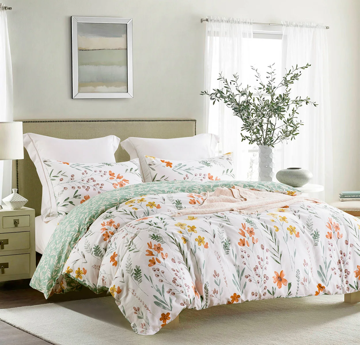 SLEEPBELLA Duvet Cover 600 Thread Count Cotton 3pcs Bedding Set Yellow Flowers and Green Branches Printed on White Reversible
SLEEPBELLA Duvet Cover 600 Thread Count Cotton 3pcs Bedding Set Yellow Flowers and Green Branches Printed on White Reversible