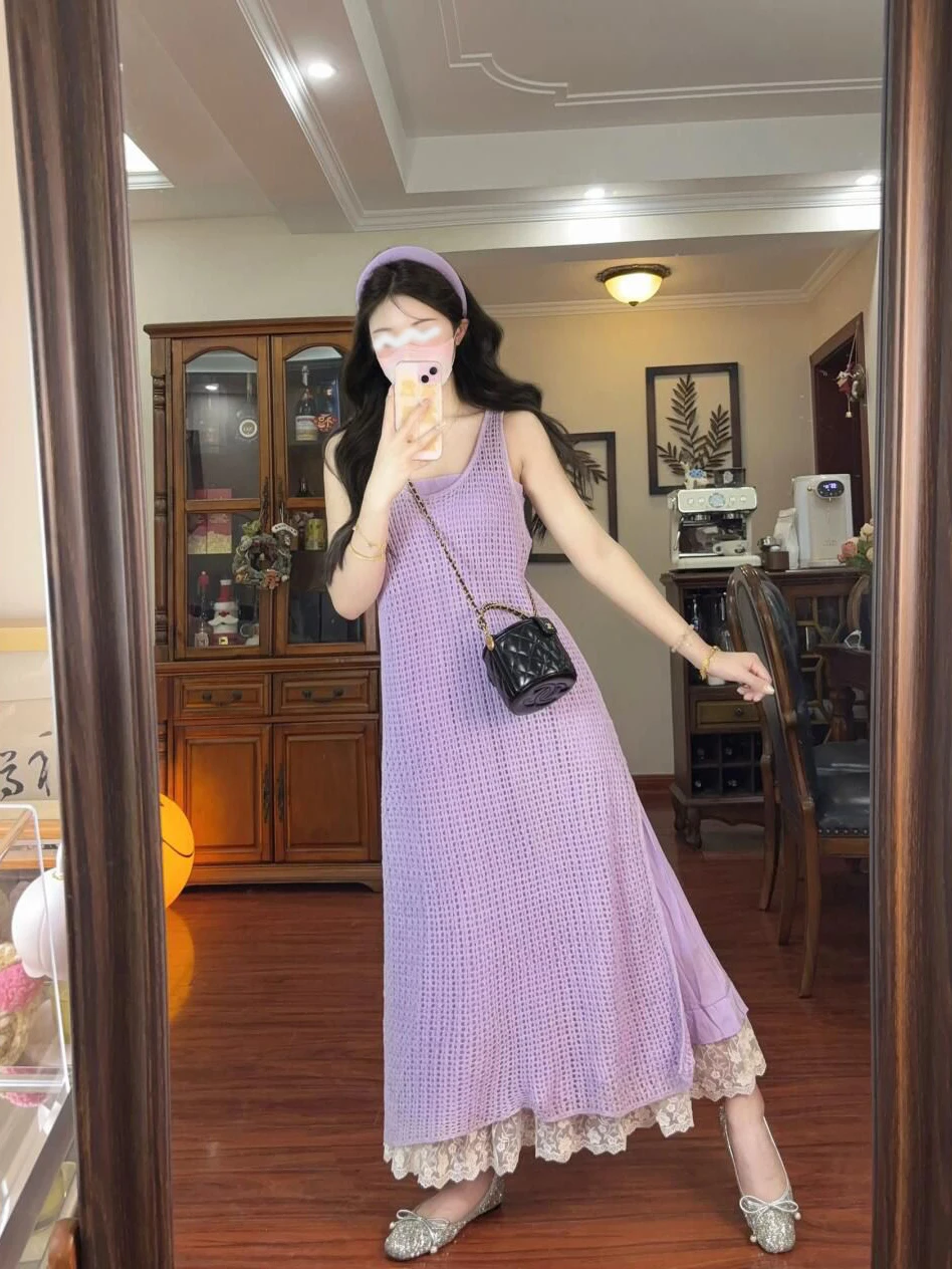 Dopamine Holiday Style Women's Summer Soft Purple Hollow Knitted Vest Dress Inner Strap Dress Two-Piece Set Fashionable Ensemble
Dopamine Holiday Style Women's Summer Soft Purple Hollow Knitted Vest Dress Inner Strap Dress Two-Piece Set Fashionable Ensemble