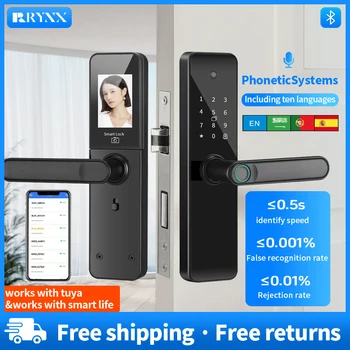 RYNX 스마트 카메라 전자 잠금 장치, TUYA 앱, 지능형 문짝 잠금 장치, 스마트 홈 라이프, 생체 인식 지문 IC 카드 원격