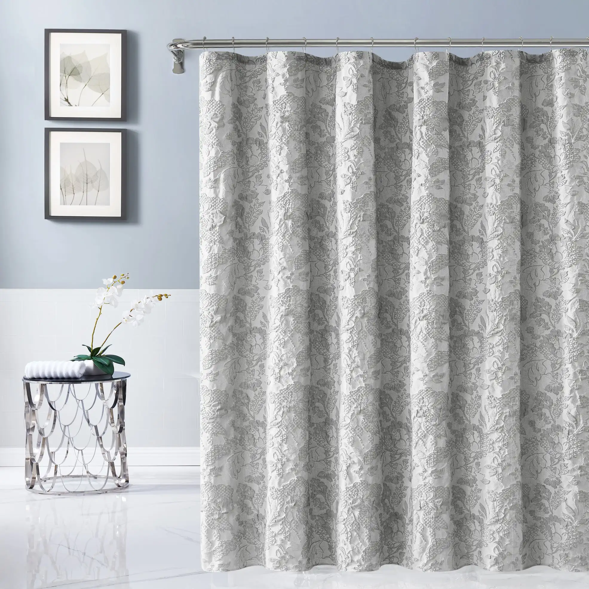Heavy sculpted floral shower curtain in textured polyester fabric measuring 72 by 72 inches
Heavy sculpted floral shower curtain in textured polyester fabric measuring 72 by 72 inches