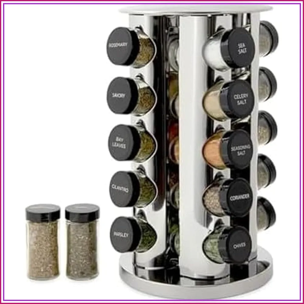 20-Jar Revolving Spice Rack with Spices & Free Refills for 5 Years, Stainless Steel & Black Caps
20-Jar Revolving Spice Rack with Spices & Free Refills for 5 Years, Stainless Steel & Black Caps