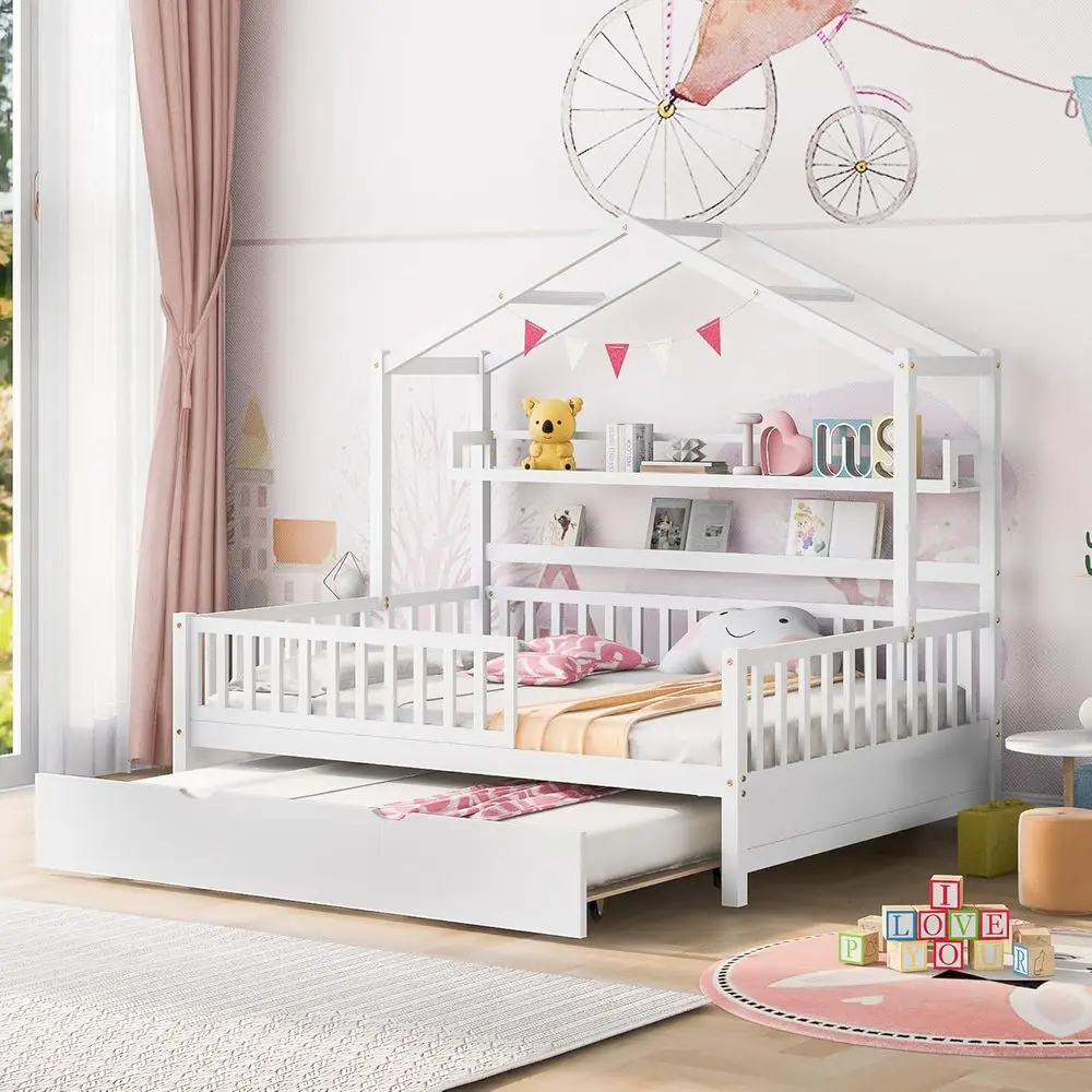 White Wooden Full Size House Bed with Twin Trundle and Shelves for Kids
White Wooden Full Size House Bed with Twin Trundle and Shelves for Kids
