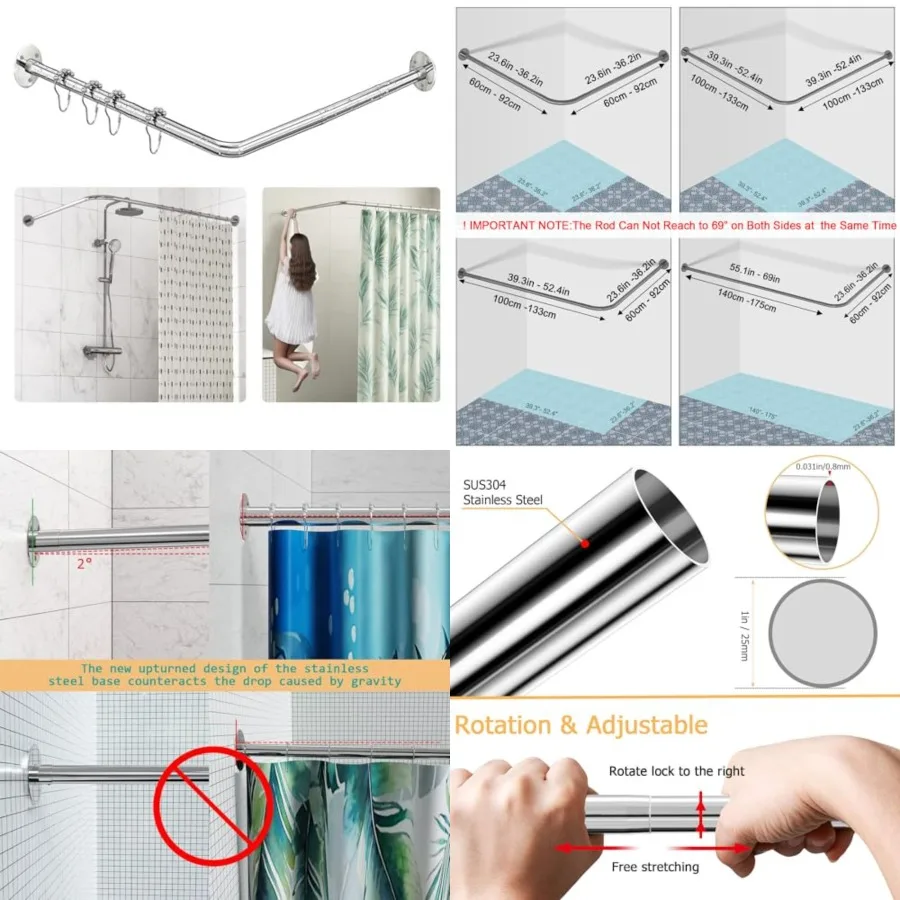 L Shaped Shower Curtain Rod, Adjustable 23.6-52.4 x 23.6-52.4,Corner Shower Curtain Rod, Genuine 304 Stainless Steel, Unsagging
L Shaped Shower Curtain Rod, Adjustable 23.6-52.4 x 23.6-52.4,Corner Shower Curtain Rod, Genuine 304 Stainless Steel, Unsagging
