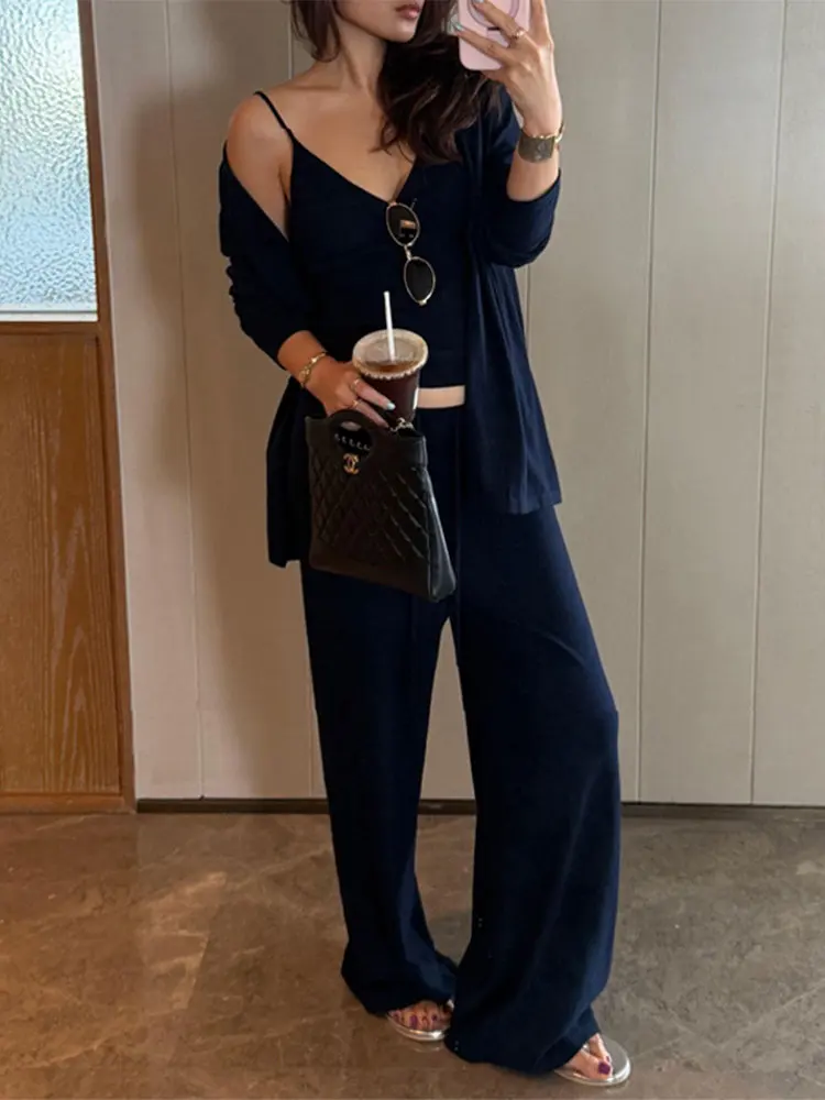 Fashionable Three-Piece Set Women's Summer 2026 Design Sense Strap Cardigan Casual Wide Leg Pants Loose Lazy Style
Fashionable Three-Piece Set Women's Summer 2026 Design Sense Strap Cardigan Casual Wide Leg Pants Loose Lazy Style