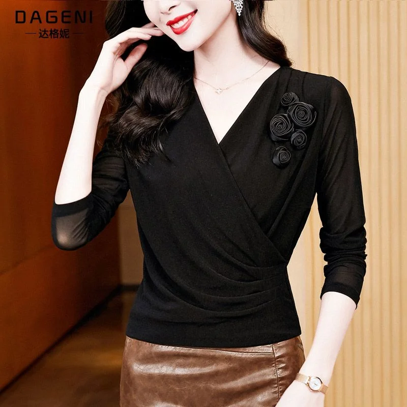 Cross V-neck Mesh T-shirt for Women's Spring and Autumn New Black High-end Lace Top Fashionable Inner Base Shirt
Cross V-neck Mesh T-shirt for Women's Spring and Autumn New Black High-end Lace Top Fashionable Inner Base Shirt
