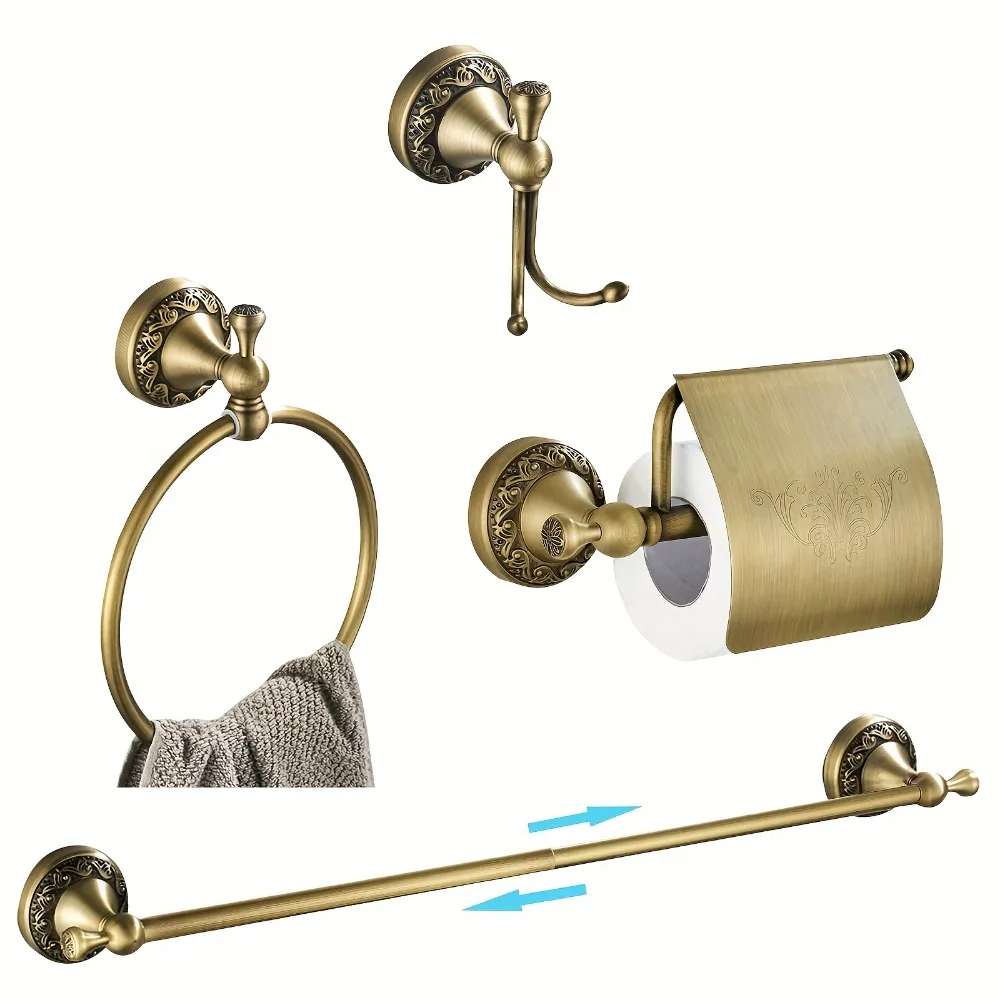 4pcs Brass Bathroom Set - Heavy-Duty Metal Adjustable 24-Inch Towel Bar, Toilet Paper Holder, Towel Ring & Robe Hook - Vintage Wall-Mounted Complete Hardware Kit for Farmhouse, or Modern Bathrooms (No Drilling Required
4pcs Brass Bathroom Set - Heavy-Duty Metal Adjustable 24-Inch Towel Bar, Toilet Paper Holder, Towel Ring & Robe Hook - Vintage Wall-Mounted Complete Hardware Kit for Farmhouse, or Modern Bathrooms (No Drilling Required