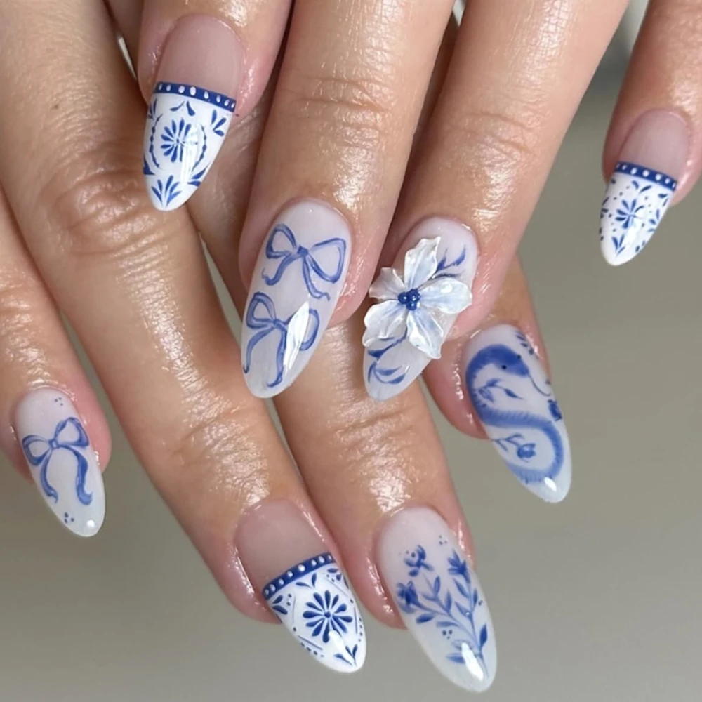 Chinese Style 3D Flower Bowknot Floral Snake Nail Art Blue White French False Nail Detachable Finished Fake Nails Press on Nails
Chinese Style 3D Flower Bowknot Floral Snake Nail Art Blue White French False Nail Detachable Finished Fake Nails Press on Nails