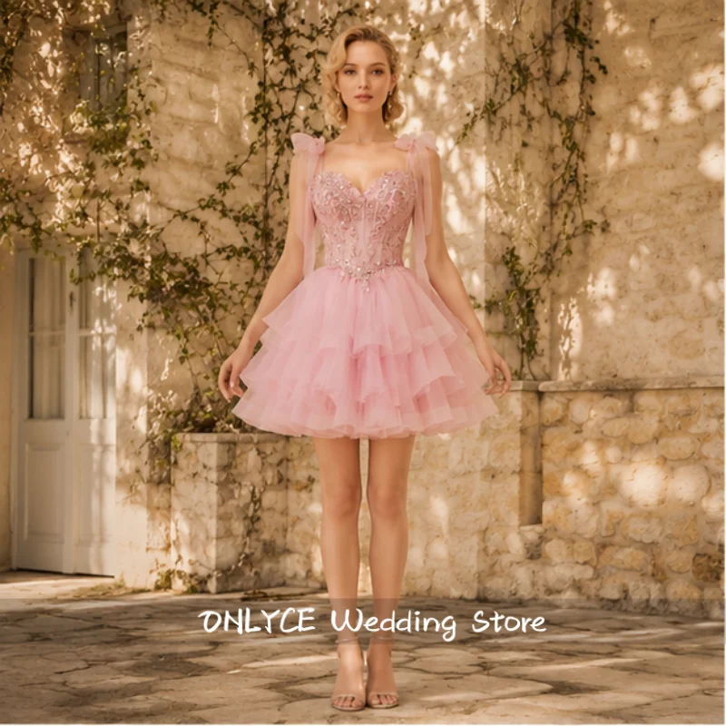 Tiered Pink Homecoming Dresses Sparkly Lace Applique Bow Straps Short Prom Dress for Teens Quinceanera Cocktail Dress Customized
Tiered Pink Homecoming Dresses Sparkly Lace Applique Bow Straps Short Prom Dress for Teens Quinceanera Cocktail Dress Customized