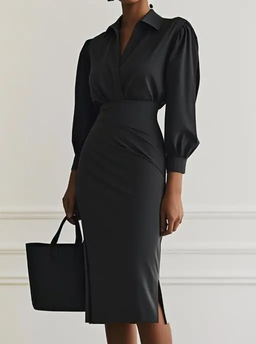 Autumn Simple and Fashionable V-Neck Solid Color Waist Pleated Skirt for Women Elegant Lapel Professional Commuting Dress
Autumn Simple and Fashionable V-Neck Solid Color Waist Pleated Skirt for Women Elegant Lapel Professional Commuting Dress