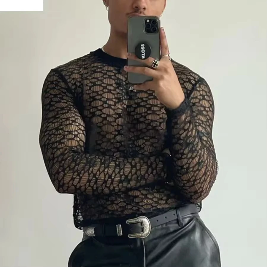 Personality Black Sexy Mesh T-shirt Men's O-neck Hollow Out Lace Tops Men Breathable Fashion Party Nightclub Tee Streetwear
Personality Black Sexy Mesh T-shirt Men's O-neck Hollow Out Lace Tops Men Breathable Fashion Party Nightclub Tee Streetwear