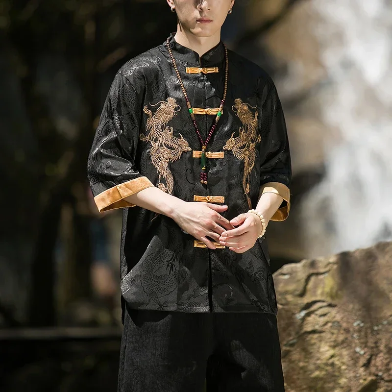 Golden Dragon Embroidery Shirt Men Ice Silk High Quality Casual Loose Short Sleeve Tops Retro Kung Fu Traditional Cardigan Mens
Golden Dragon Embroidery Shirt Men Ice Silk High Quality Casual Loose Short Sleeve Tops Retro Kung Fu Traditional Cardigan Mens