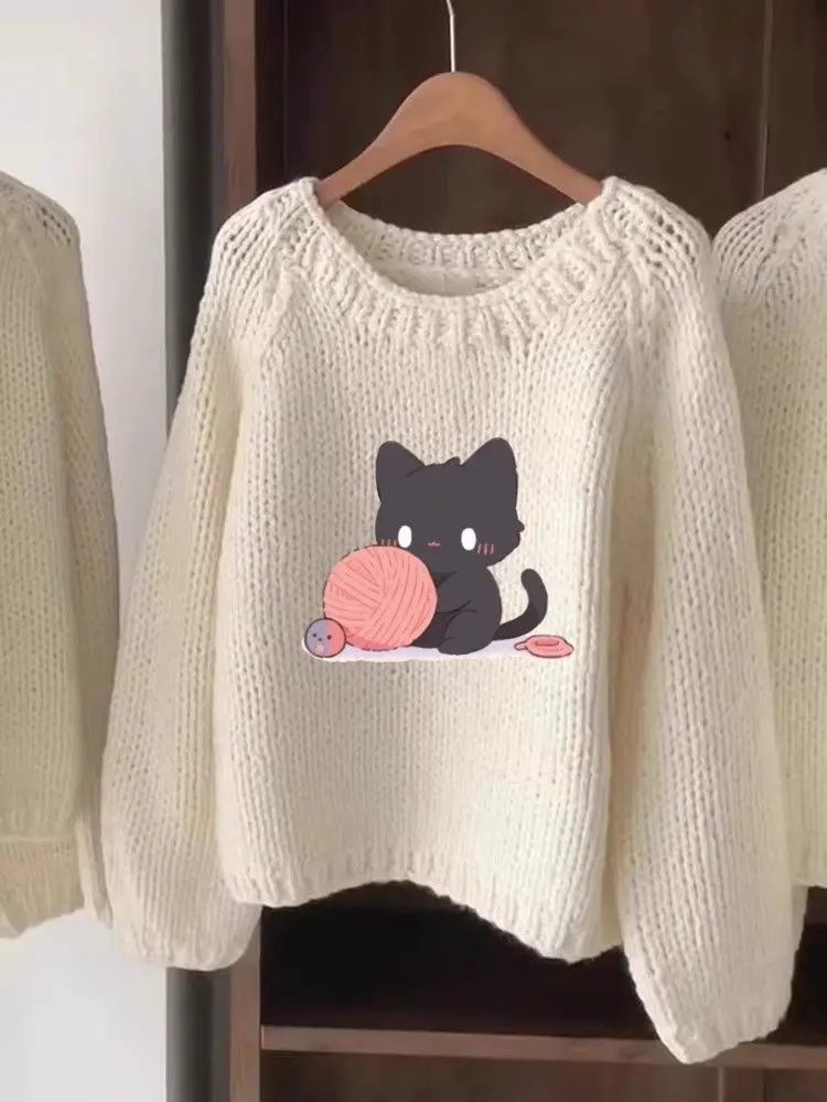 Autumn and winter popular round neck style Korean style pullover women's thick line white sweater cartoon sweater lazy top cat
Autumn and winter popular round neck style Korean style pullover women's thick line white sweater cartoon sweater lazy top cat