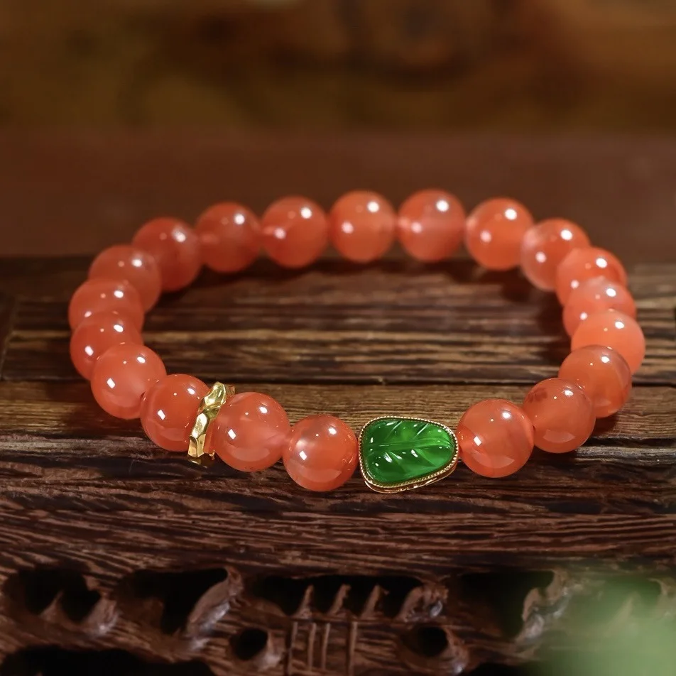 Natural Sichuan Cherry Red Agate Bracelet, 18K Gold Inlaid Spicy Green Jade Leaf Chinese Women Wrist Jewelry
Natural Sichuan Cherry Red Agate Bracelet, 18K Gold Inlaid Spicy Green Jade Leaf Chinese Women Wrist Jewelry