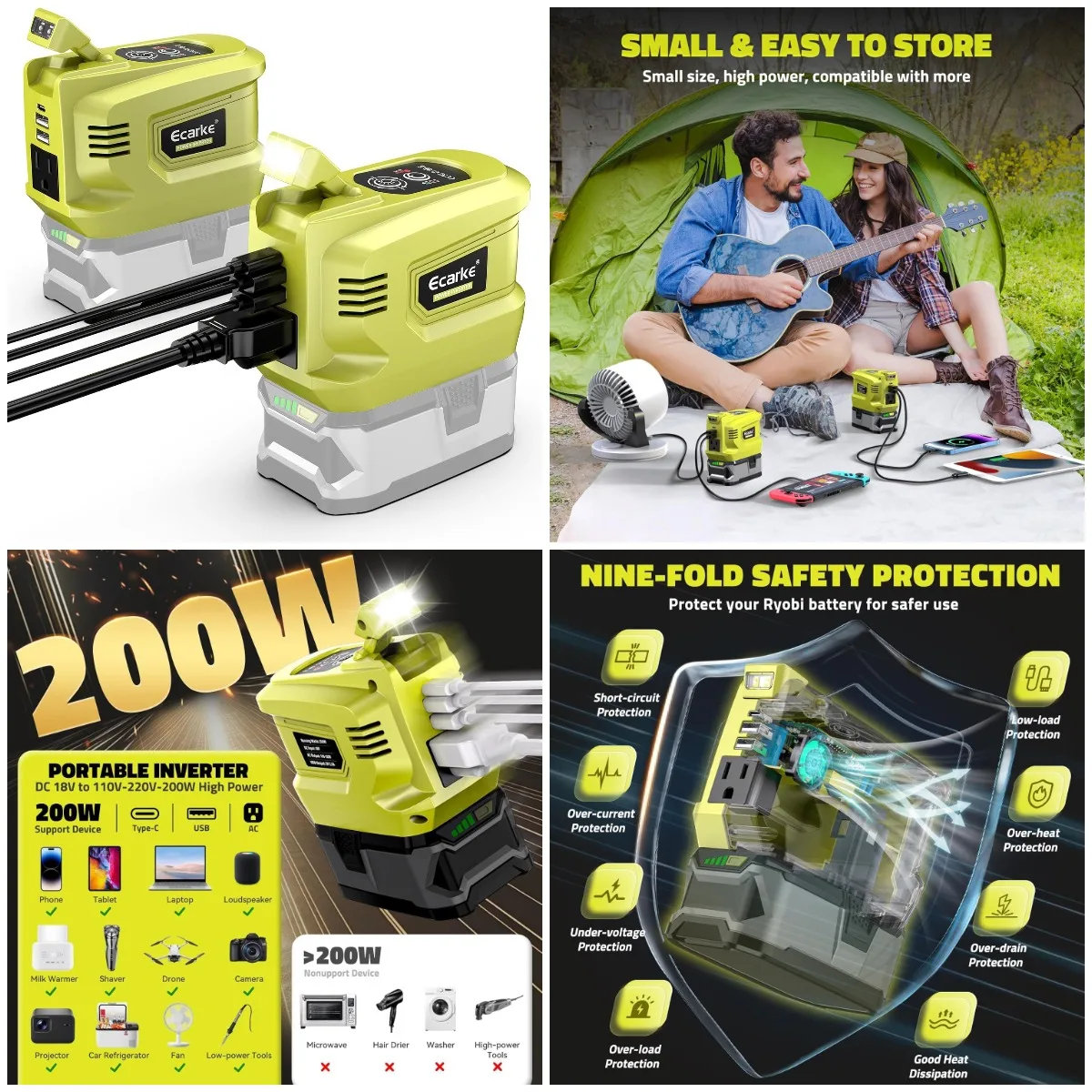 200W Power Inverter for Ryobi 18V Battery, 2PCS DC 18V to AC 110V Inverter with 2 USB-A & 1 Type-C Ports
200W Power Inverter for Ryobi 18V Battery, 2PCS DC 18V to AC 110V Inverter with 2 USB-A & 1 Type-C Ports