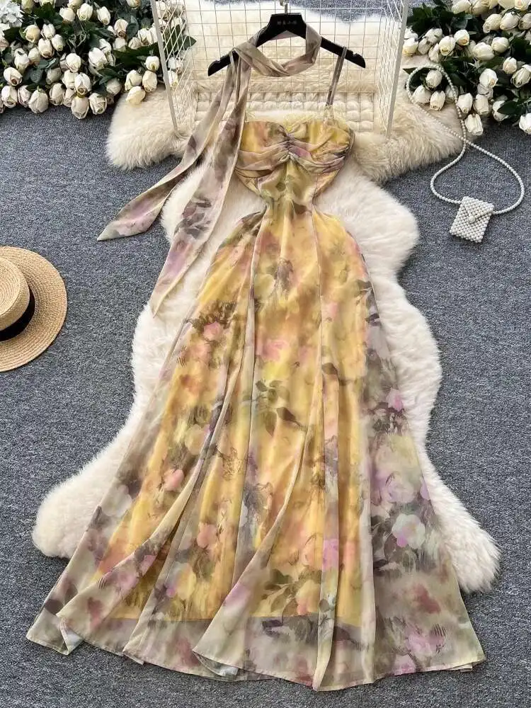 Women Sexy Beach Print Dress Summer French Style Hanging Neck and Ribbon Chiffon Long Dresses Ladies Slim A-line Long Robe
Women Sexy Beach Print Dress Summer French Style Hanging Neck and Ribbon Chiffon Long Dresses Ladies Slim A-line Long Robe