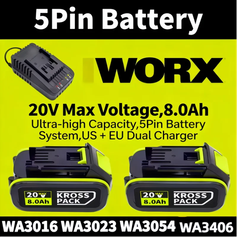 Batterie lithium 20V 8.0Ah rechargeable compatible WORX WA3551 WA3553 WA3641 WX373 pack pour outils électriques sans fil pro
Batterie lithium 20V 8.0Ah rechargeable compatible WORX WA3551 WA3553 WA3641 WX373 pack pour outils électriques sans fil pro