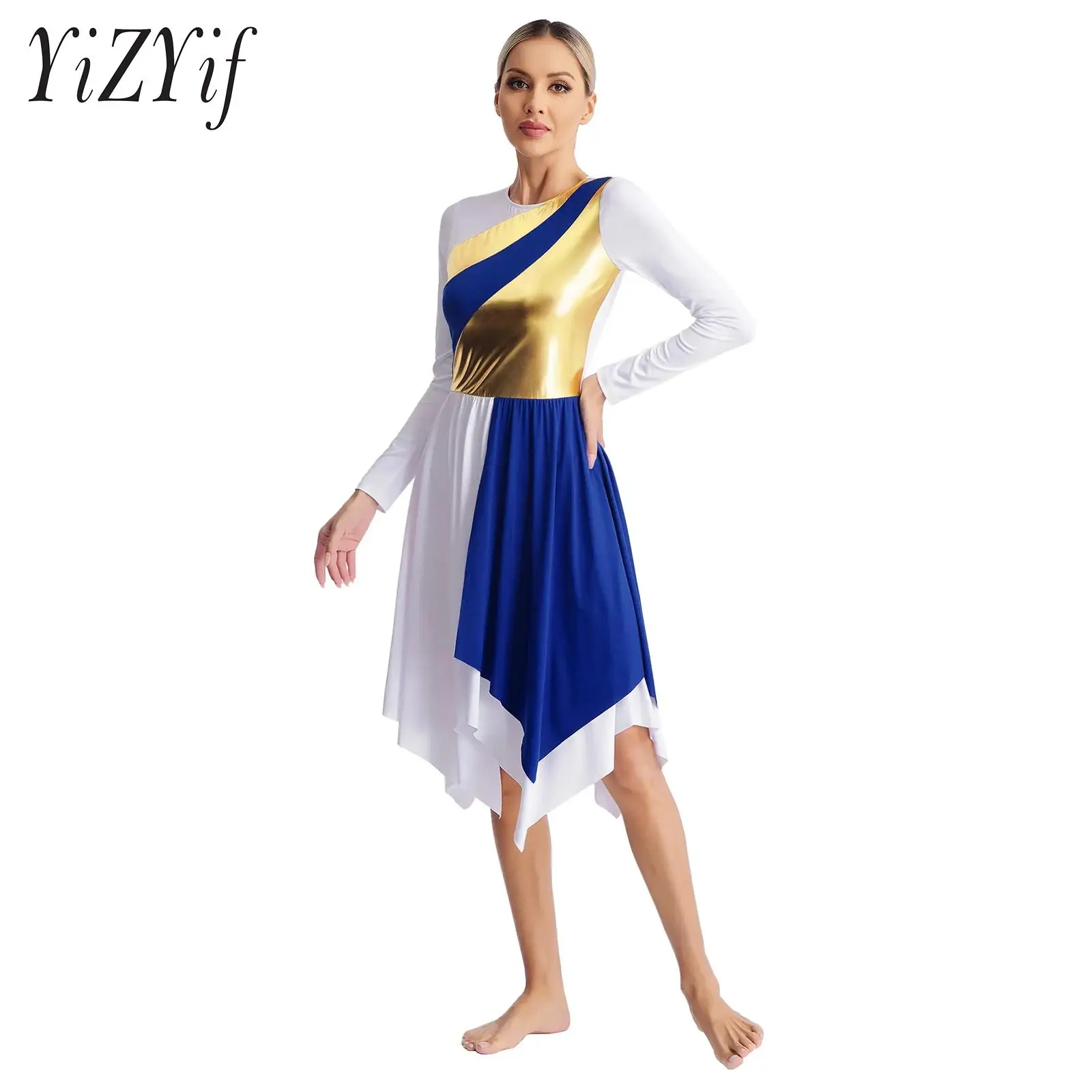 Womens Liturgical Lyrical Dance Dress Long Sleeve Metallic Asymmetrical Dance Dress Worship Stage Performance Dancewear
Womens Liturgical Lyrical Dance Dress Long Sleeve Metallic Asymmetrical Dance Dress Worship Stage Performance Dancewear