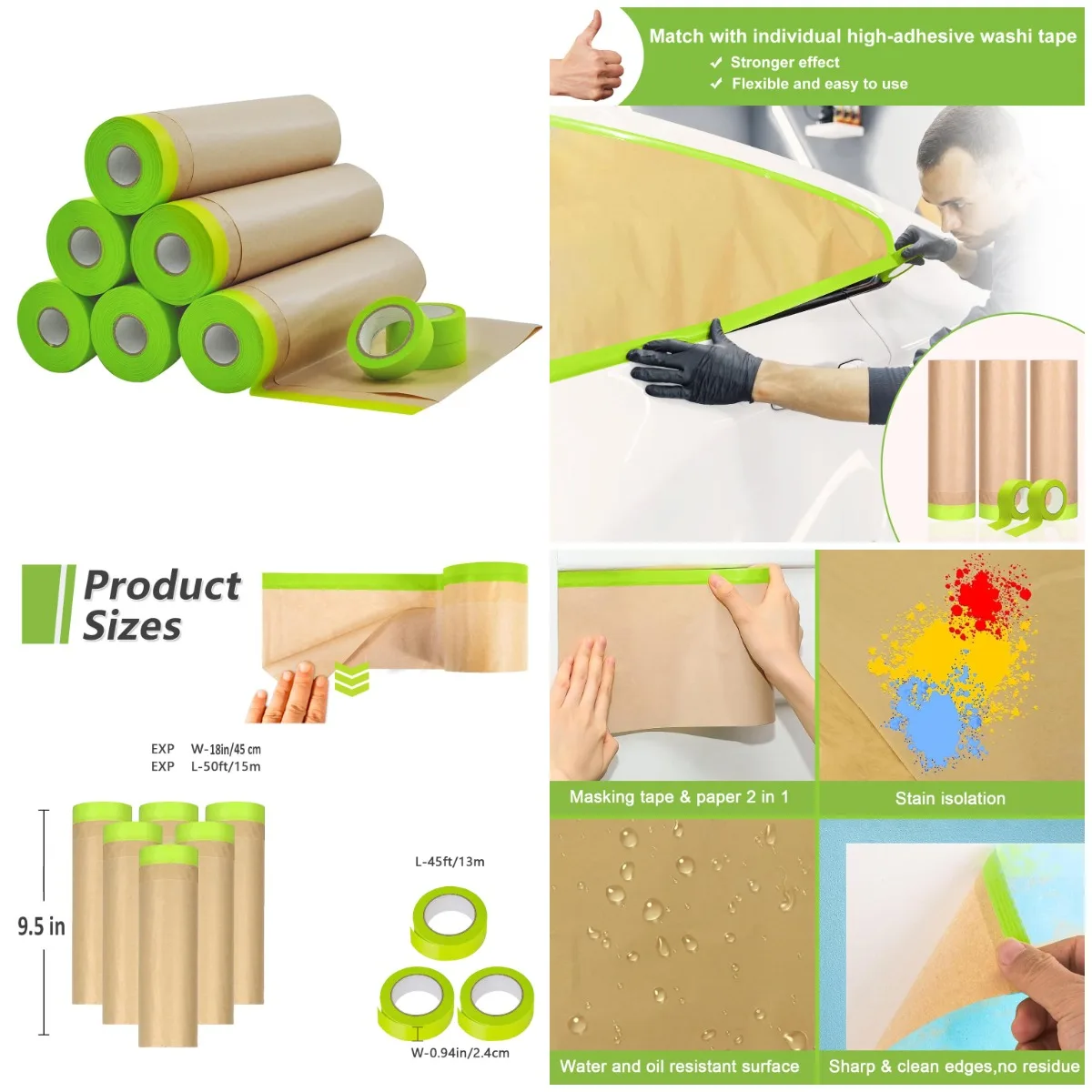 6 Rolls Pre-Taped Masking Paper & Tape Set - 18' x 50ft for Painting, Automotive, Floor & Wall Protection
6 Rolls Pre-Taped Masking Paper & Tape Set - 18' x 50ft for Painting, Automotive, Floor & Wall Protection