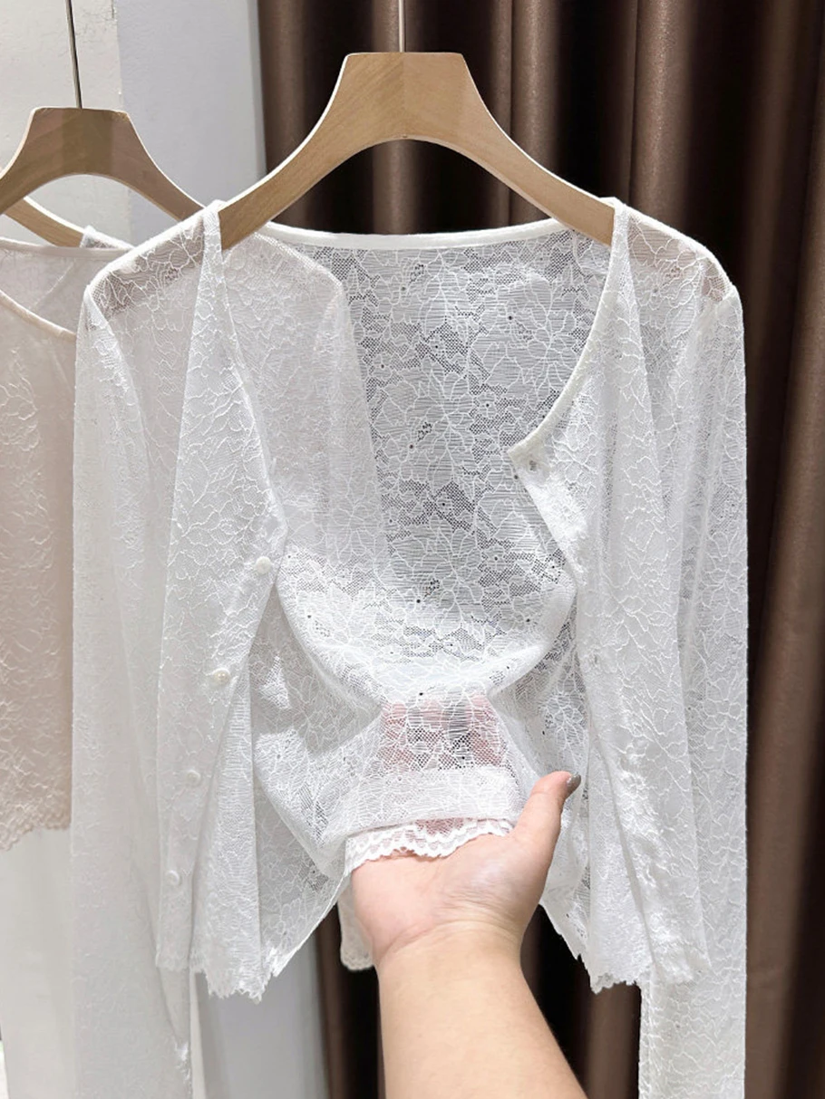 Elegant White Lace Long Sleeve Open Cardigan Women's Summer Strap Dress Outer Shawl Thin Mesh Small Cover up Polite Request
Elegant White Lace Long Sleeve Open Cardigan Women's Summer Strap Dress Outer Shawl Thin Mesh Small Cover up Polite Request