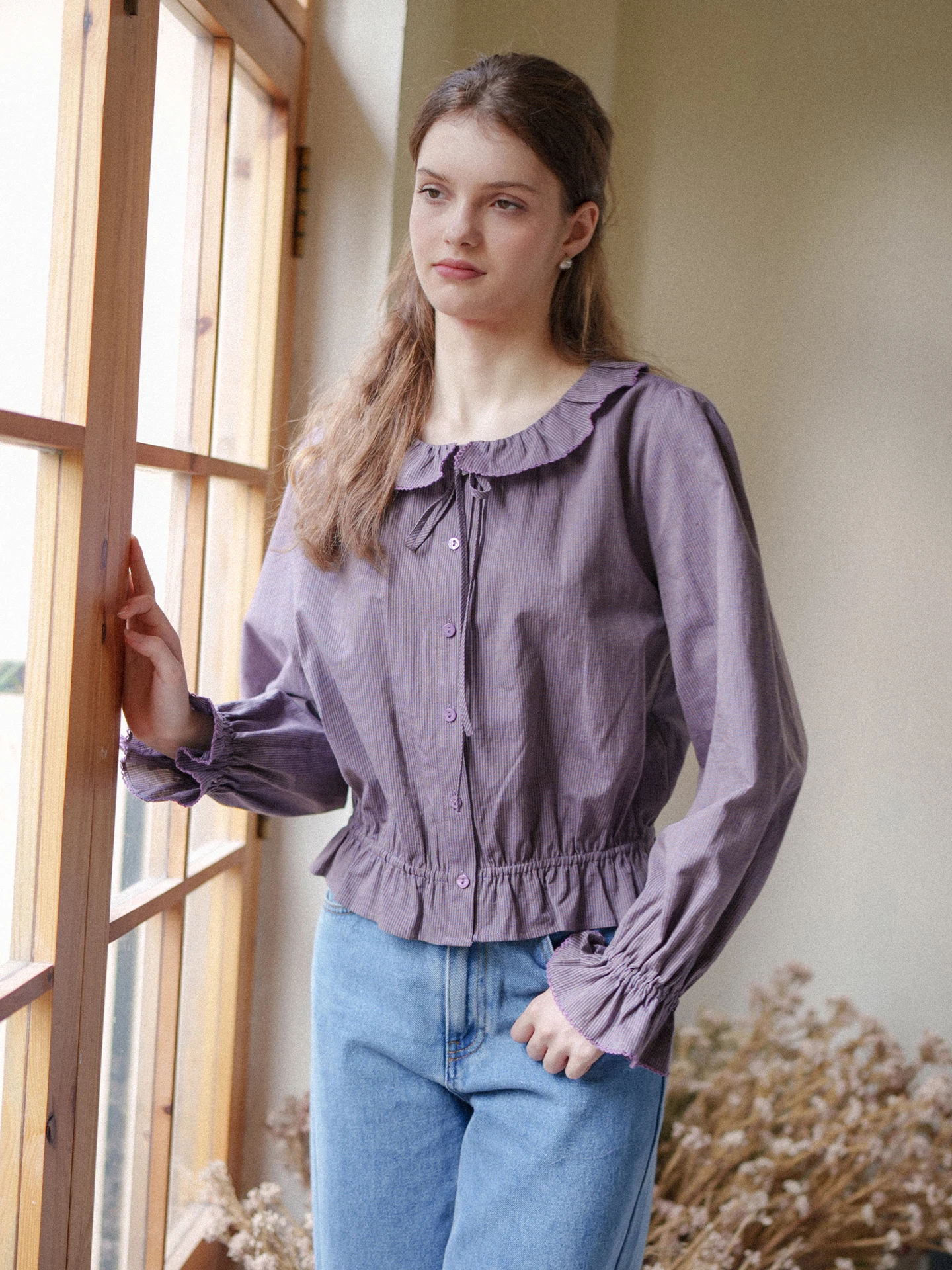 Retro Lace Collar Shirt White Enhancing Purple Plaid Cotton Linen Waist Cinched Women's Long Sleeve Button up Shirt High Waist
Retro Lace Collar Shirt White Enhancing Purple Plaid Cotton Linen Waist Cinched Women's Long Sleeve Button up Shirt High Waist
