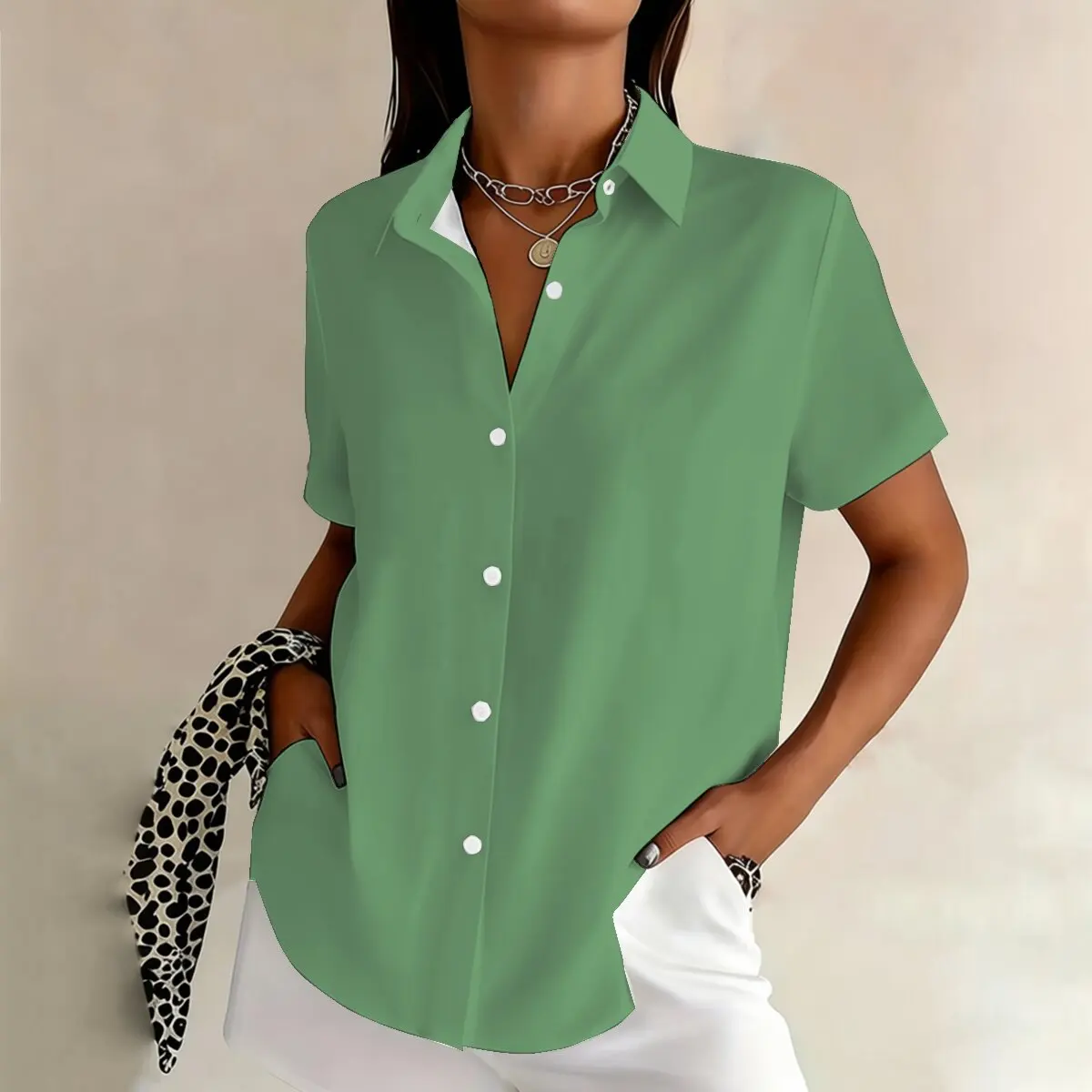 Simple and personalized dark green printed summer women's plus size lapel short sleeved shirt, fashionable daily versatile top
Simple and personalized dark green printed summer women's plus size lapel short sleeved shirt, fashionable daily versatile top