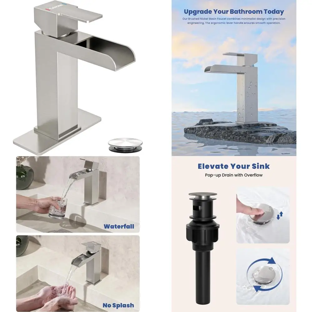 Single Handle 1-Hole Bathroom Sink Faucet with Pop-Up Drain, Brushed Nickel Finish, Optional Deck Plate Included
Single Handle 1-Hole Bathroom Sink Faucet with Pop-Up Drain, Brushed Nickel Finish, Optional Deck Plate Included