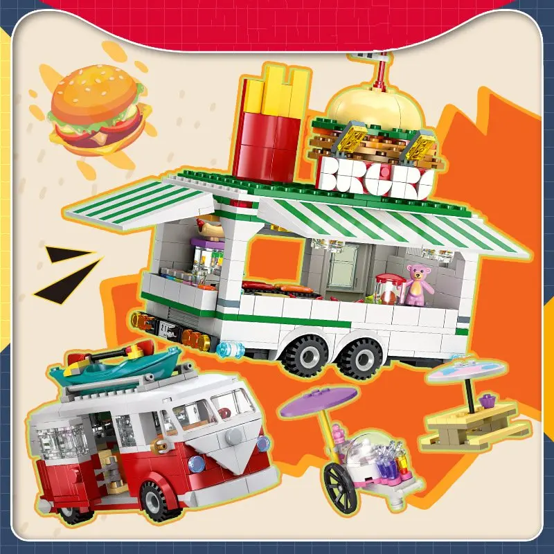 Retro hamburger food truck miniature DIY building block toy for city street scenes
Retro hamburger food truck miniature DIY building block toy for city street scenes